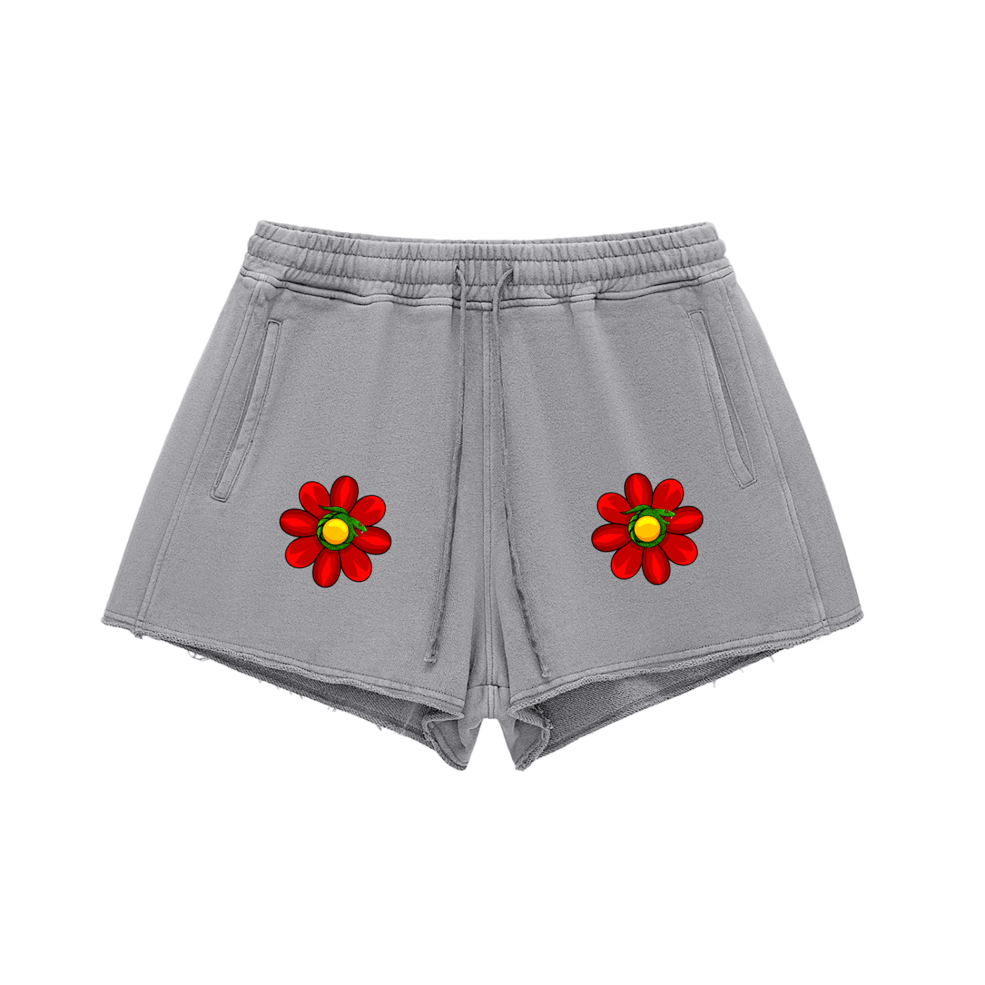 Snake Flower Snow Washed Raw Edge Drawstring Shorts