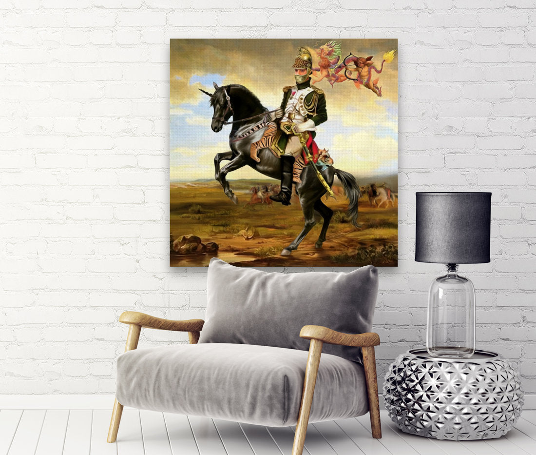 a painting of a man riding a horse in front of a painting