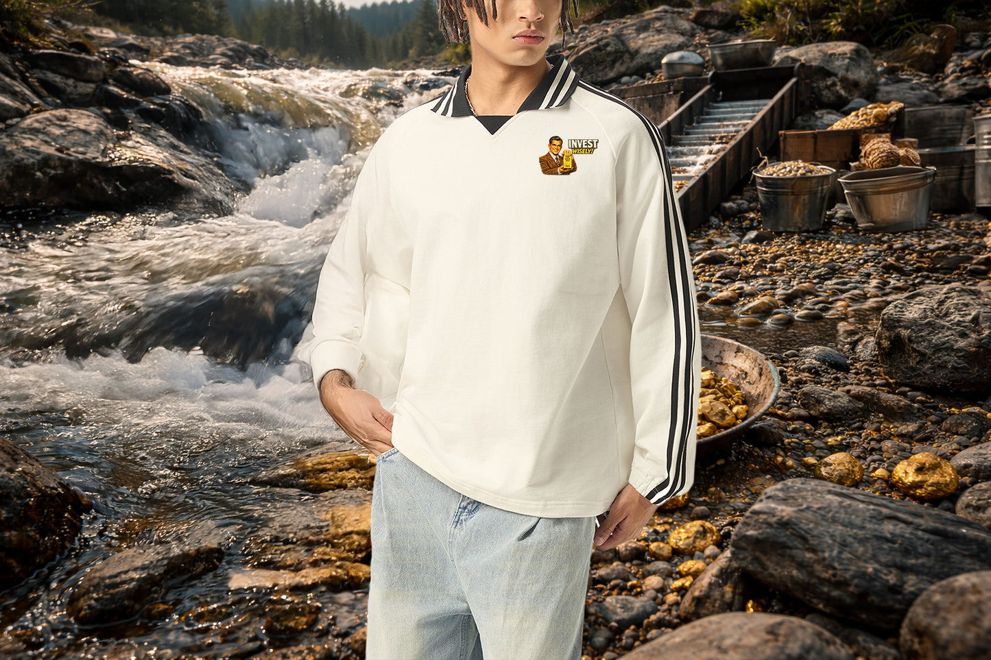 Invest Wisely Contrast Striped Lapel Collar Sweatshirt