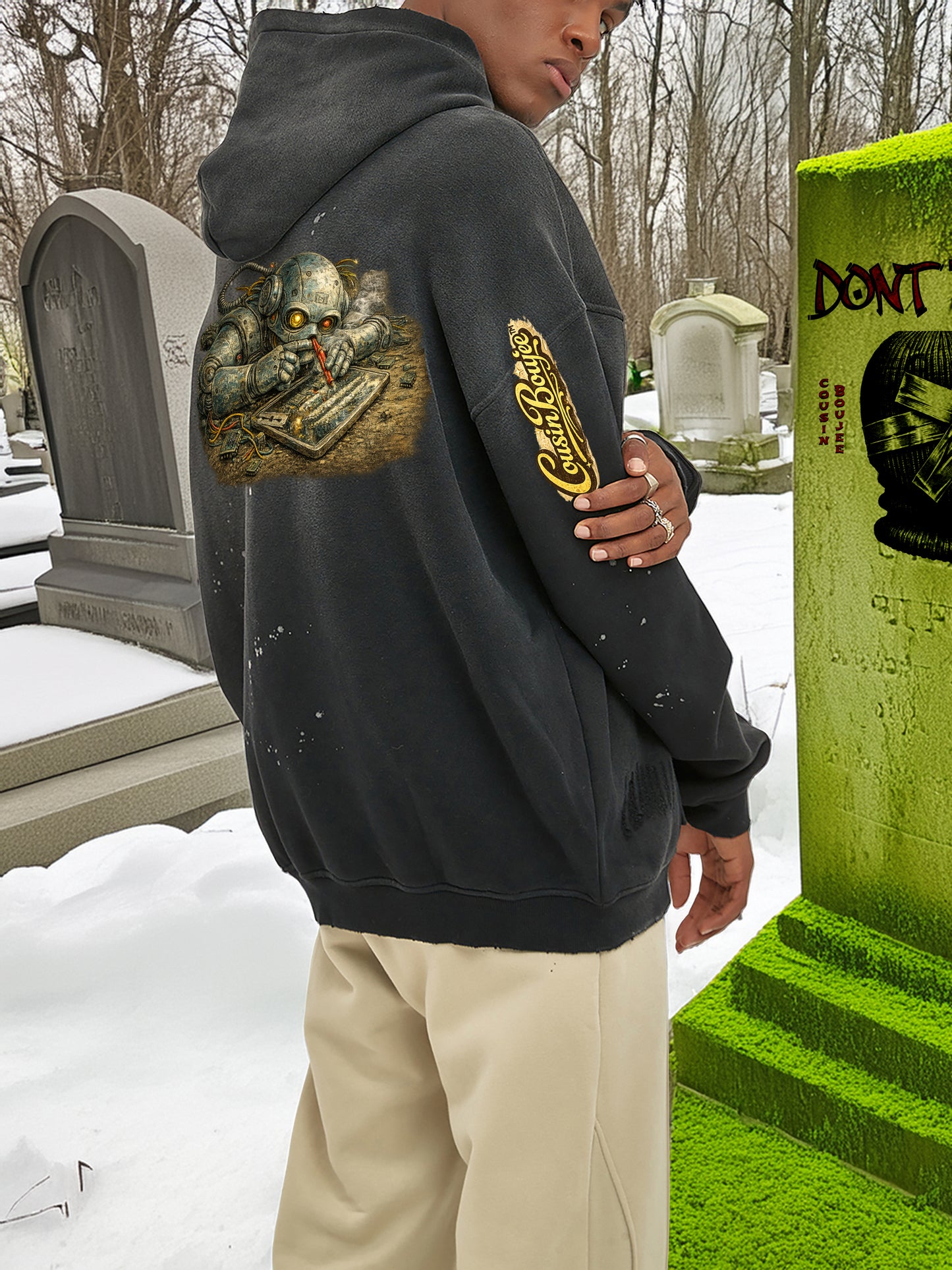 A.I Computer Degen Vintage Washed Frayed Fleece Hoodie