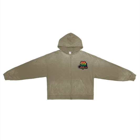 Cousin Boujee TM Post-Apocalyptic Aesthetic Pure Cotton Hand-Frayed Monkey Washed Zip Hoodie