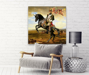a painting of a man riding a horse in front of a painting 