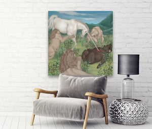 a living room filled with furniture and a painting 